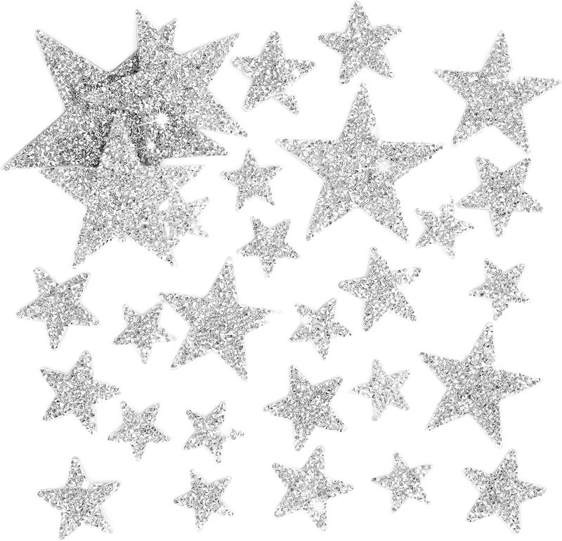 Torc 32Pcs Iron On Glitter Star Patches - Silver Rhinestone No Sew Appliques for Hats, Clothing, DIY Crafts, Girly Fashion Accessories for Jeans, Shirts, Jackets, Bulk Iron On Patches (Mixed Sizes) - Image 1